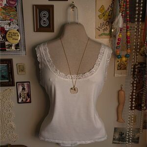 Y2K Lace Tank Top Women's XL White Solid Fitted Cotton Chaps